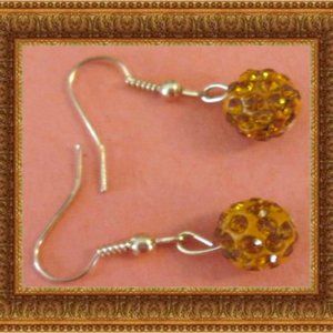 Gold Tone Dangle Earrings With Orange Ball Designs & Orange Crystals